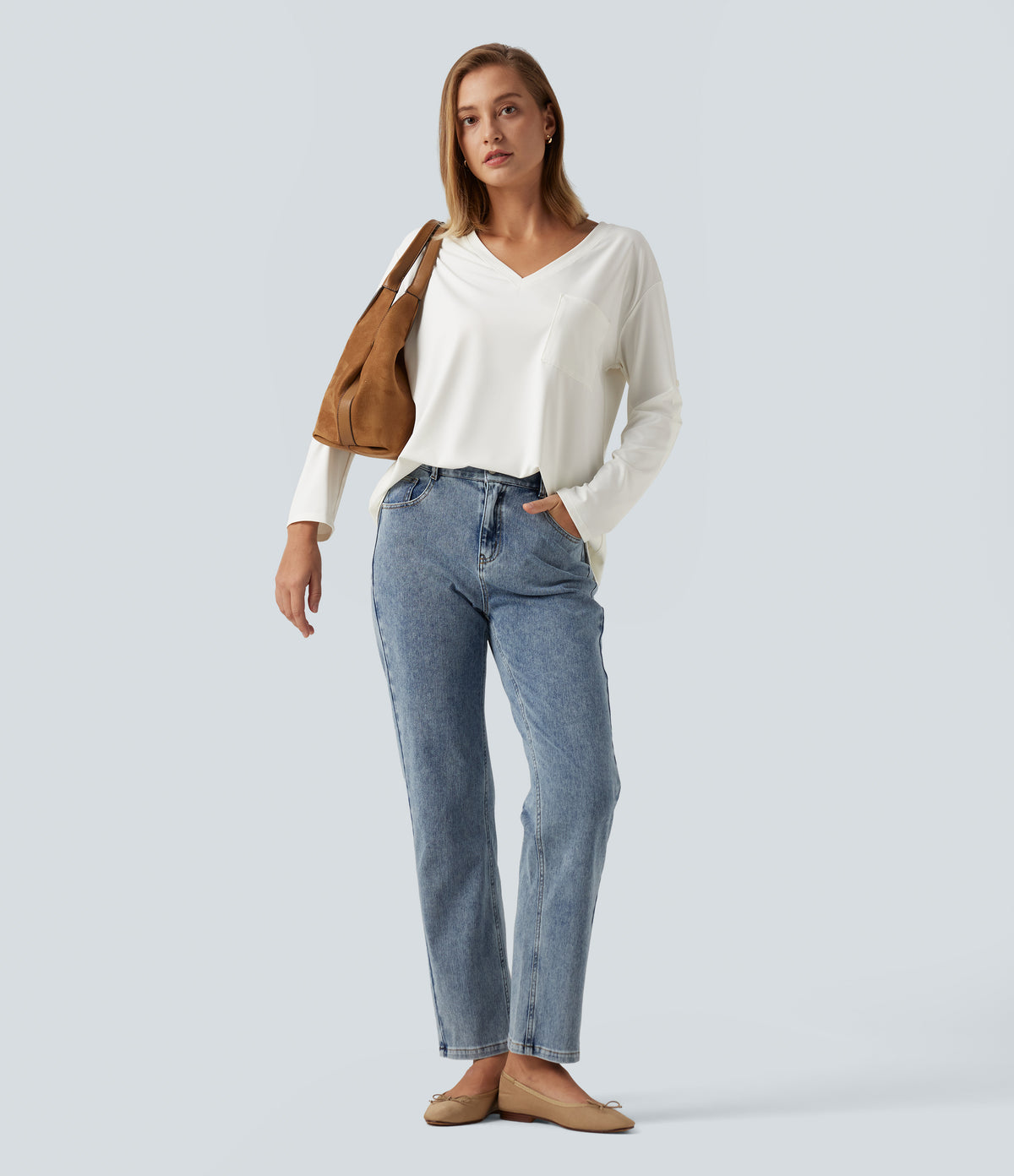 V Neck Long Sleeve Casual T-Shirt with Pocket — White — view 7