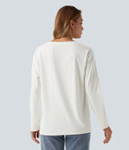 V Neck Long Sleeve Casual T-Shirt with Pocket — White — view 2