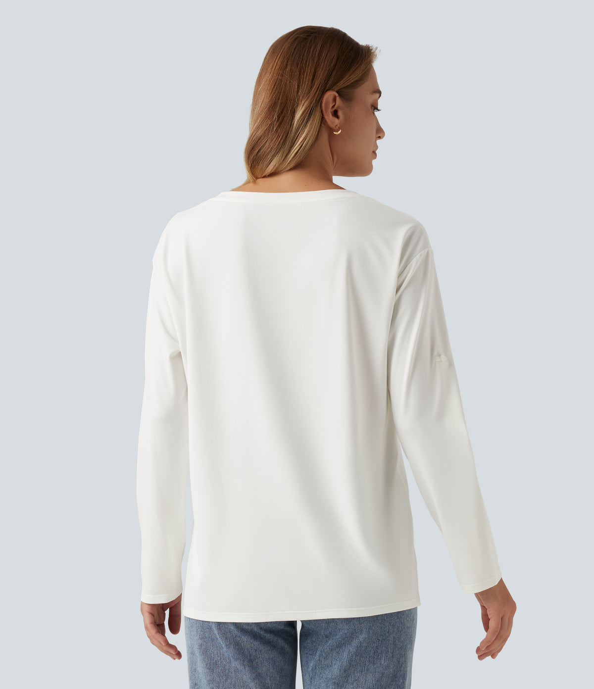 V Neck Long Sleeve Casual T-Shirt with Pocket — White — view 2