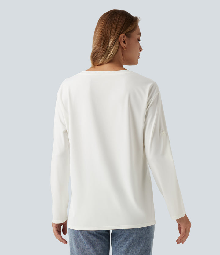 V Neck Long Sleeve Casual T-Shirt with Pocket — White — view 2