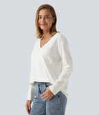 V Neck Long Sleeve Casual T-Shirt with Pocket — White — view 3