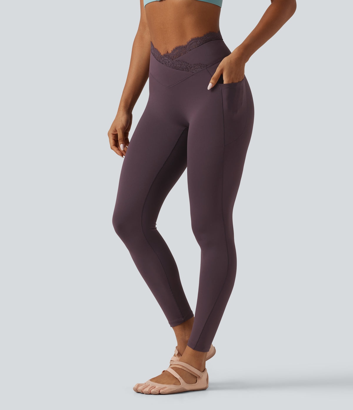 High Waisted Crossover Contrast Lace Yoga Leggings with Pockets — Dusky Evening purple — view 1