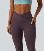 High Waisted Crossover Contrast Lace Yoga Leggings with Pockets — Dusky Evening purple — view 6