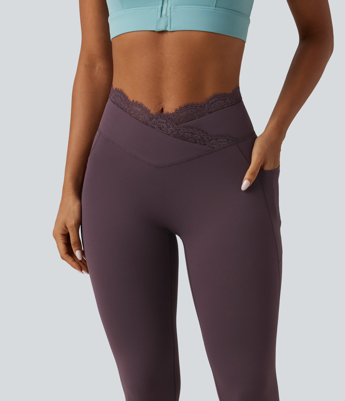 High Waisted Crossover Contrast Lace Yoga Leggings with Pockets — Dusky Evening purple — view 6