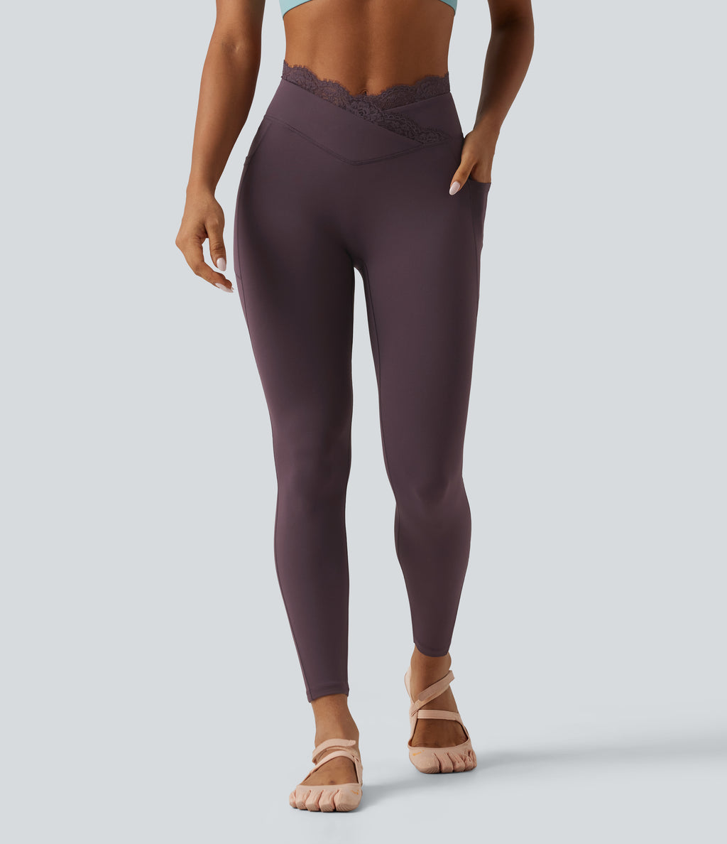 High Waisted Crossover Contrast Lace Yoga Leggings with Pockets — Dusky Evening purple — view 3