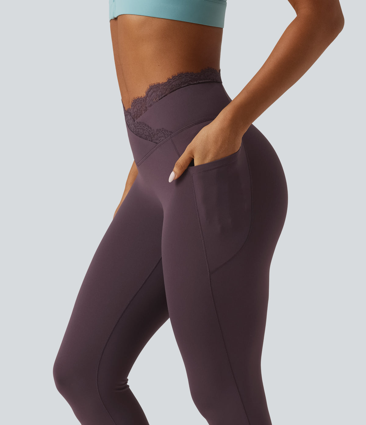 High Waisted Crossover Contrast Lace Yoga Leggings with Pockets — Dusky Evening purple — view 4