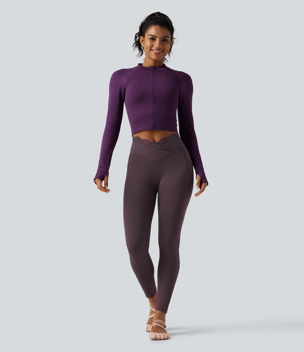 High Waisted Crossover Contrast Lace Yoga Leggings with Pockets — Dusky Evening purple — view 8