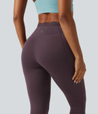 High Waisted Crossover Contrast Lace Yoga Leggings with Pockets — Dusky Evening purple — view 5