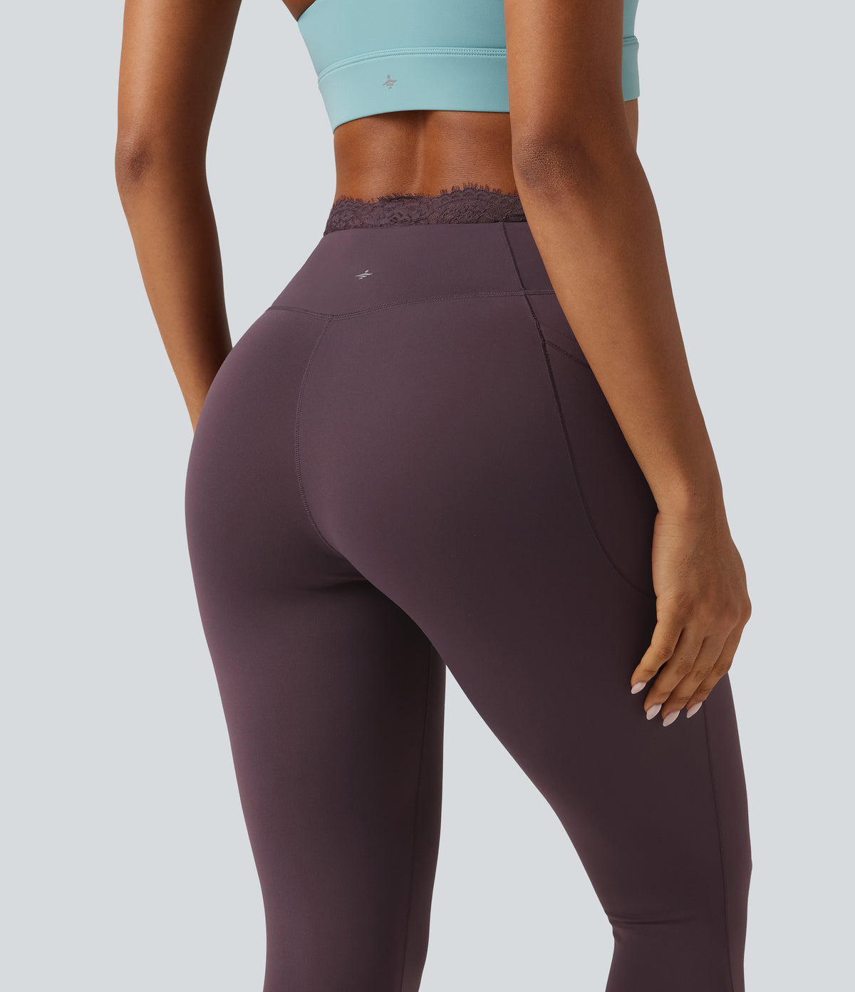 High Waisted Crossover Contrast Lace Yoga Leggings with Pockets — Dusky Evening purple — view 5