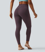 High Waisted Crossover Contrast Lace Yoga Leggings with Pockets — Dusky Evening purple — view 2
