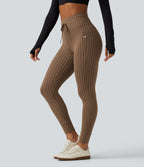 High Waisted Drawstring Houndstooth Yoga Leggings with Pockets — Hot Cocoa Houndstooth — view 1