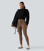 High Waisted Drawstring Houndstooth Yoga Leggings with Pockets — Hot Cocoa Houndstooth — view 6