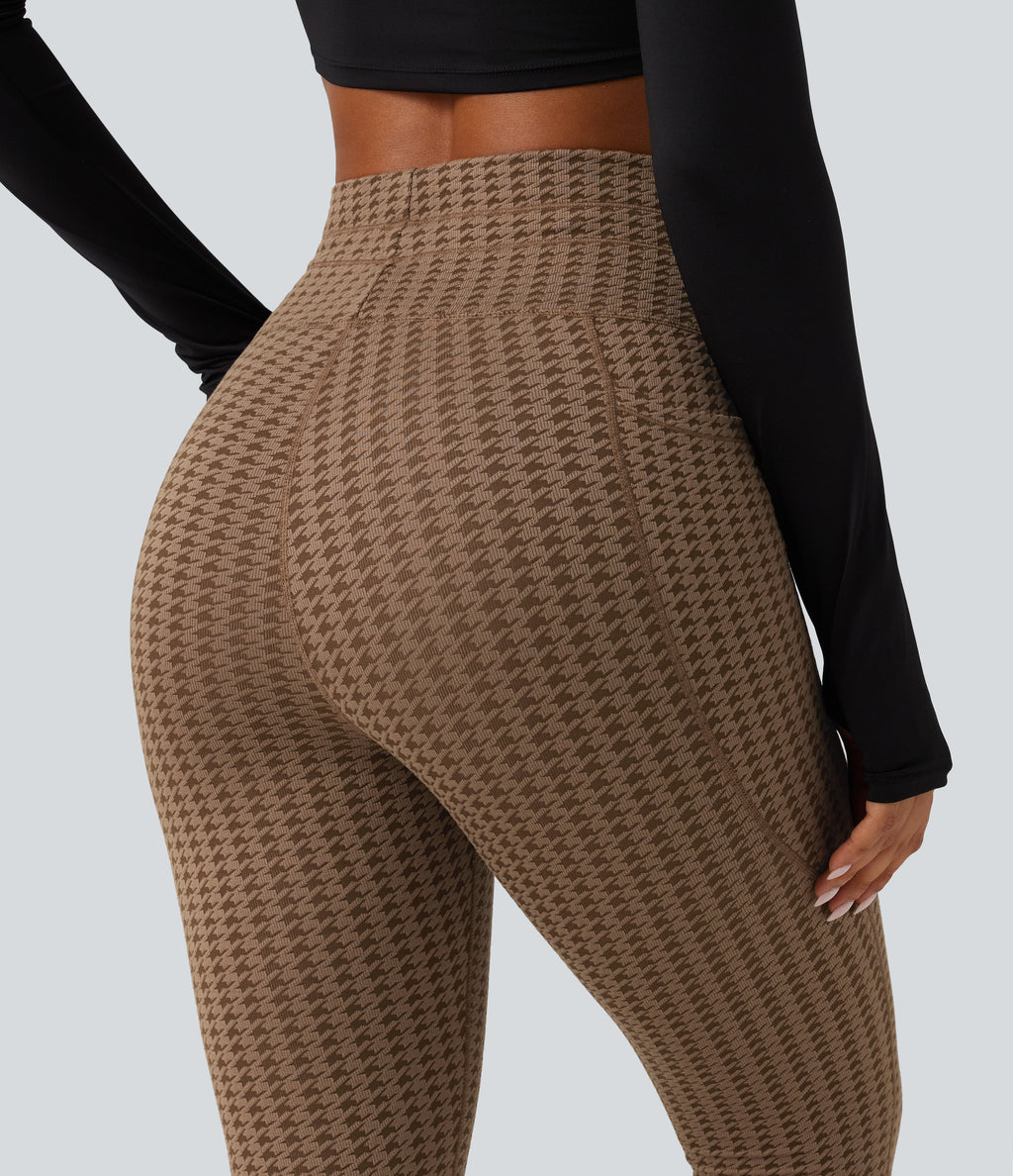 High Waisted Drawstring Houndstooth Yoga Leggings with Pockets — Hot Cocoa Houndstooth — view 4