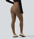 High Waisted Drawstring Houndstooth Yoga Leggings with Pockets — Hot Cocoa Houndstooth — view 2