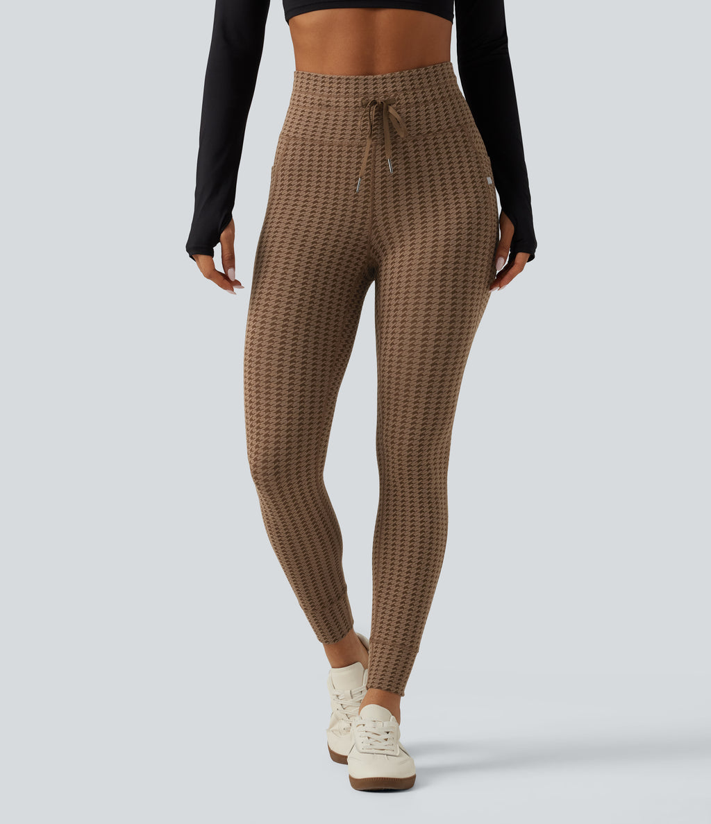 High Waisted Drawstring Houndstooth Yoga Leggings with Pockets — Hot Cocoa Houndstooth — view 3
