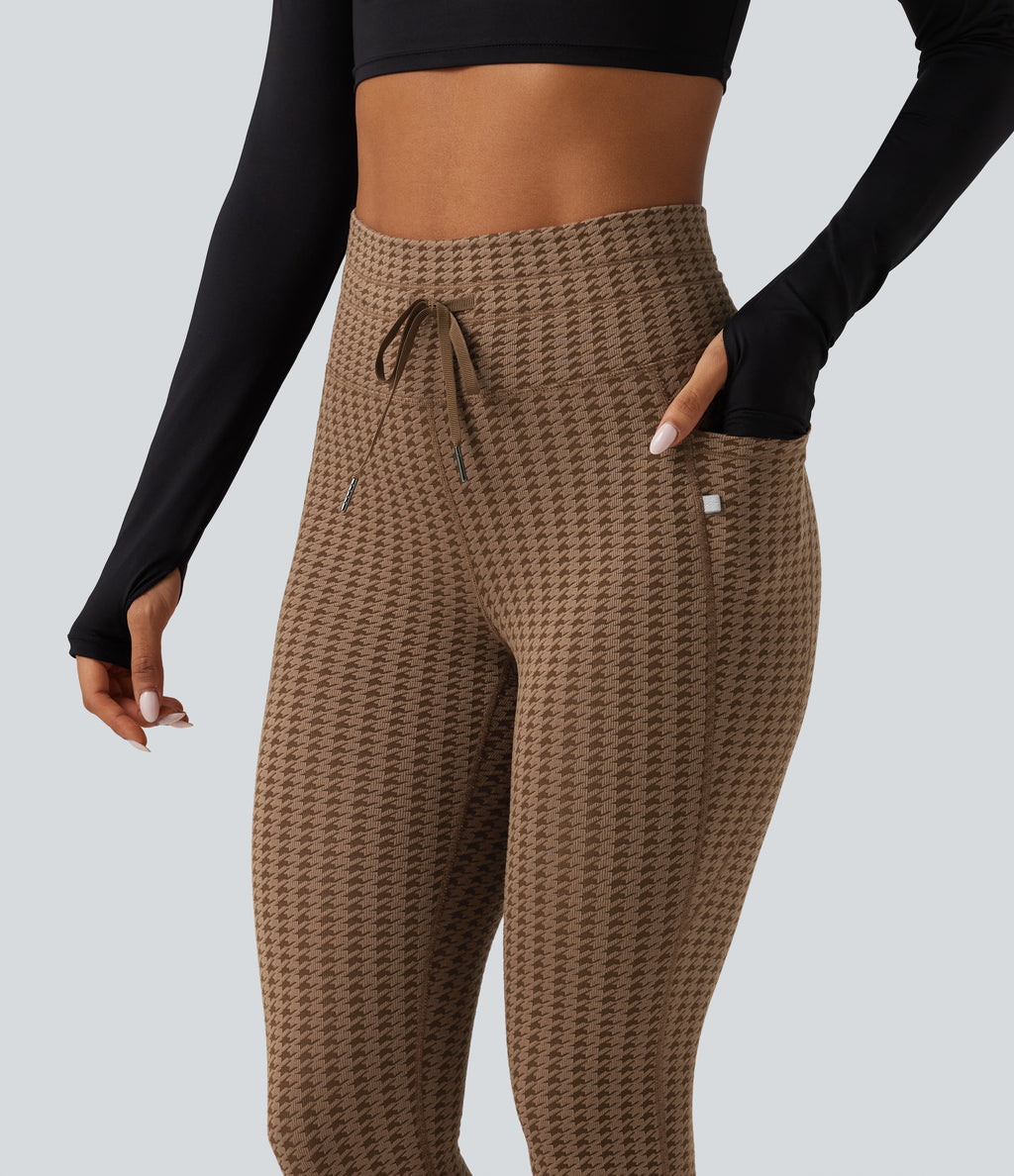 High Waisted Drawstring Houndstooth Yoga Leggings with Pockets — Hot Cocoa Houndstooth — view 5