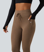 High Waisted Drawstring Houndstooth Yoga Leggings with Pockets — Hot Cocoa Houndstooth — view 5