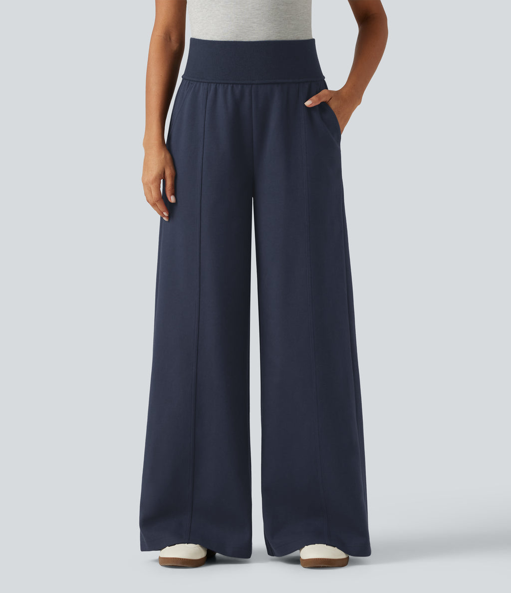 High Waisted Wide Leg Casual Cotton Sweatpants with Pockets — Navy Blazer — view 1