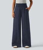High Waisted Wide Leg Casual Cotton Sweatpants with Pockets — Navy Blazer — view 1