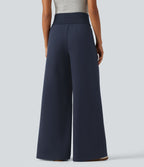 High Waisted Wide Leg Casual Cotton Sweatpants with Pockets — Navy Blazer — view 2