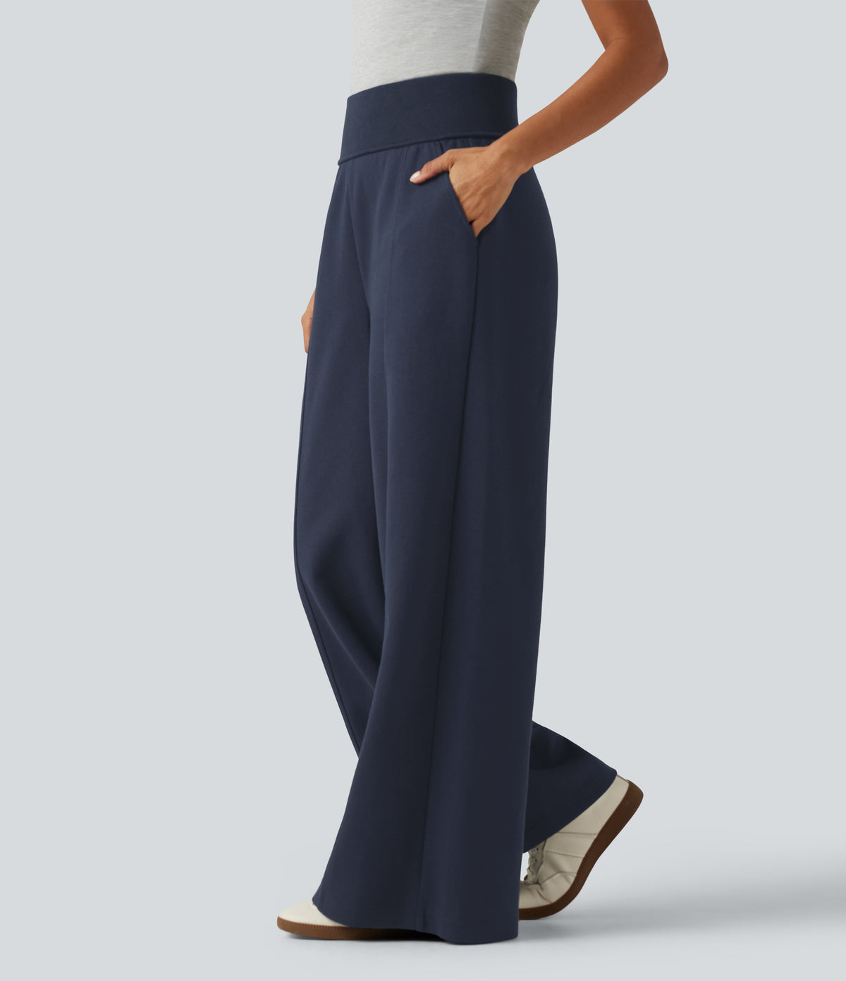 High Waisted Wide Leg Casual Cotton Sweatpants with Pockets — Navy Blazer — view 3