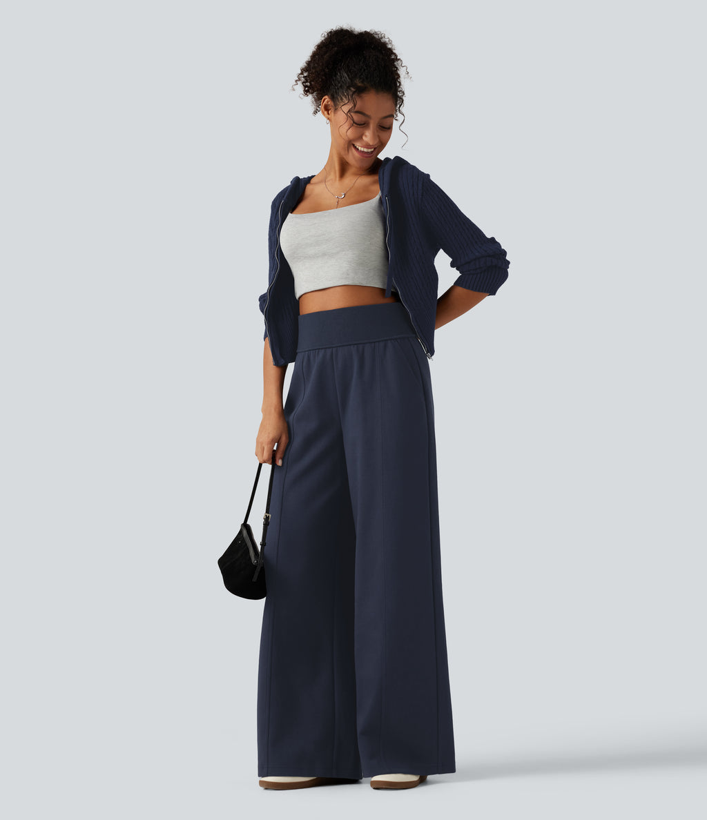 High Waisted Wide Leg Casual Cotton Sweatpants with Pockets — Navy Blazer — view 5