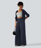 High Waisted Wide Leg Casual Cotton Sweatpants with Pockets — Navy Blazer — view 5