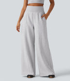 High Waisted Wide Leg Casual Cotton Sweatpants with Pockets — Hazy Day Grey — view 6