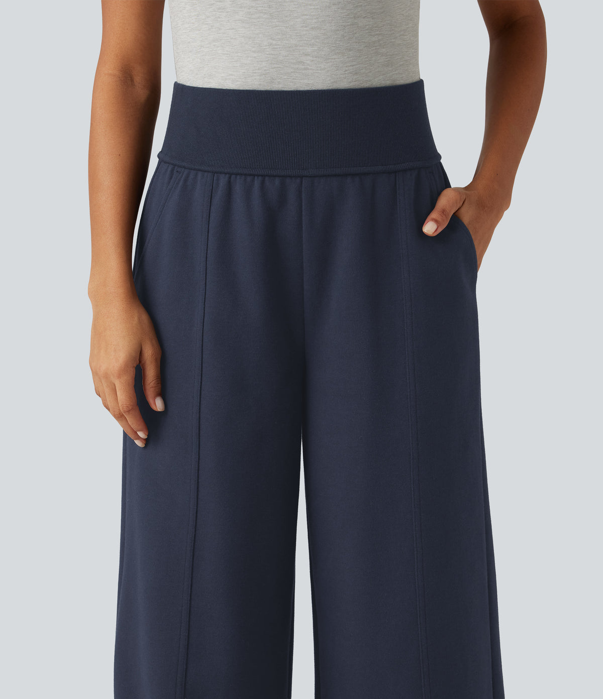 High Waisted Wide Leg Casual Cotton Sweatpants with Pockets — Navy Blazer — view 4