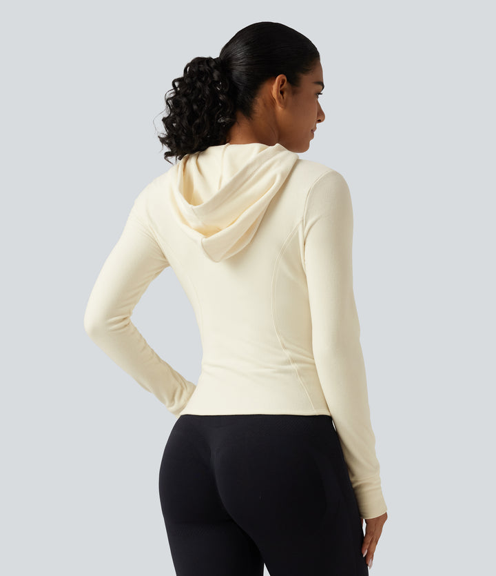 Stand Collar Long Sleeve Fleece Slim Yoga Track Jacket with Thumb Hole and Pockets — Filtered Sun — view 2