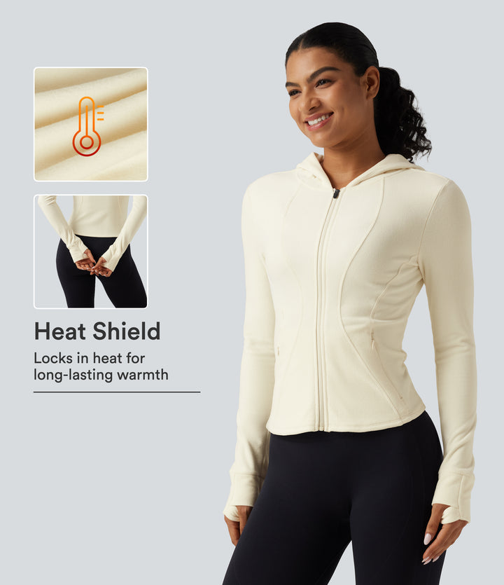 Stand Collar Long Sleeve Fleece Slim Yoga Track Jacket with Thumb Hole and Pockets — Filtered Sun — view 1