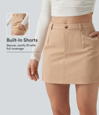 High Waisted A-Line Wrinkle Recovery Work Mini Skirt with Built-in Shorts and Pockets — Candied Ginger — view 1