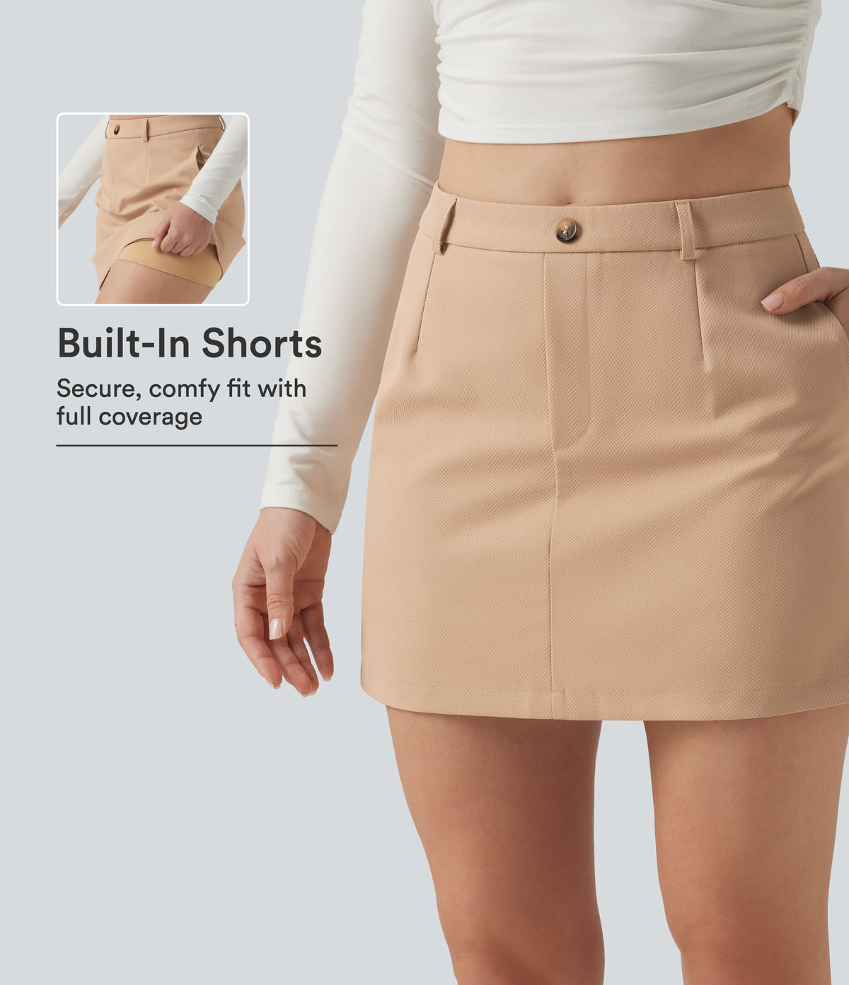 High Waisted A-Line Wrinkle Recovery Work Mini Skirt with Built-in Shorts and Pockets — Candied Ginger — view 1