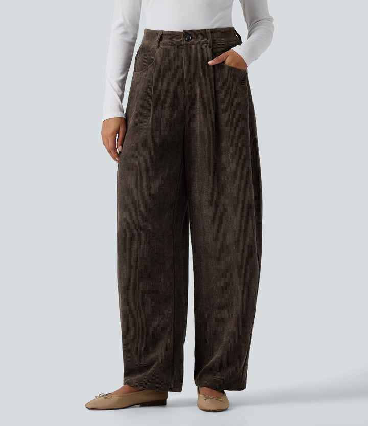 High Waisted Barrel Leg Corduroy Casual Trousers with Pockets — Coffee Bean — view 1