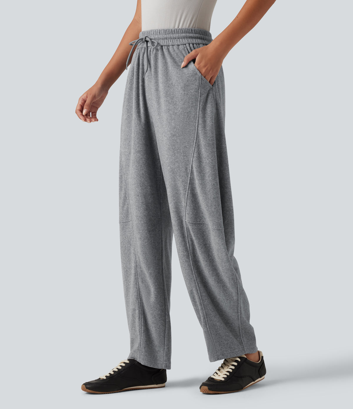 High Waisted Drawstring Barrel Leg Terry Casual Trousers with Pockets — Mottled Grey — view 3