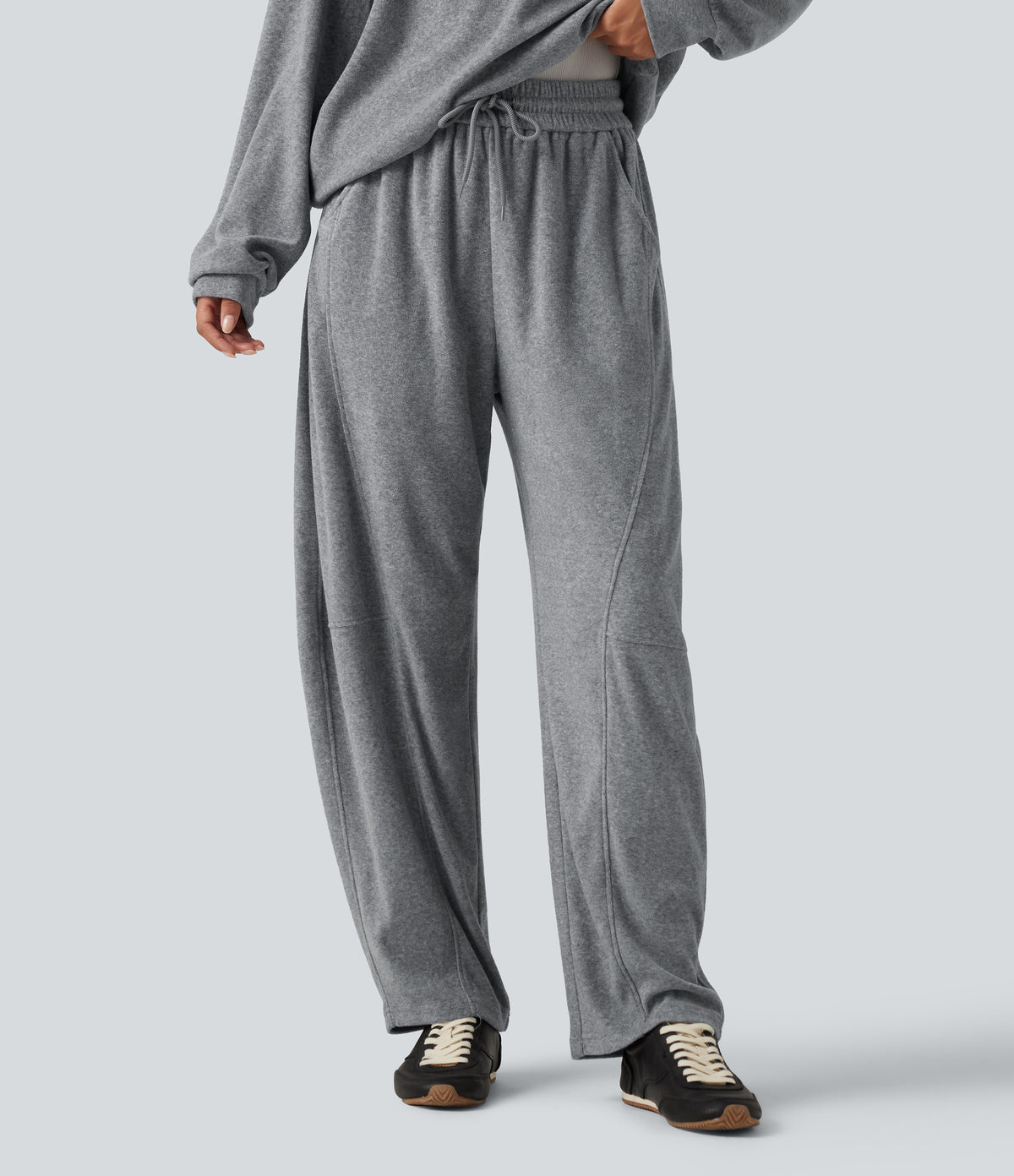High Waisted Drawstring Barrel Leg Terry Casual Trousers with Pockets — Mottled Grey — view 4