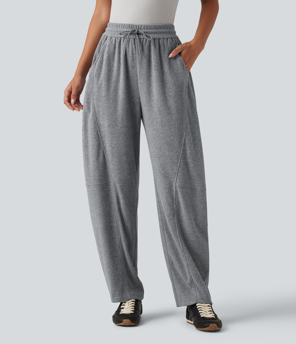 High Waisted Drawstring Barrel Leg Terry Casual Trousers with Pockets — Mottled Grey — view 1