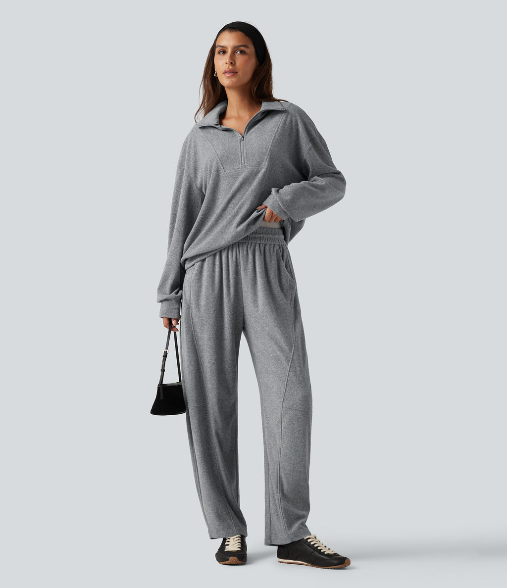 High Waisted Drawstring Barrel Leg Terry Casual Trousers with Pockets — Mottled Grey — view 5