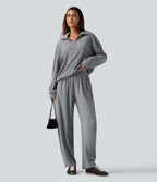 High Waisted Drawstring Barrel Leg Terry Casual Trousers with Pockets — Mottled Grey — view 5