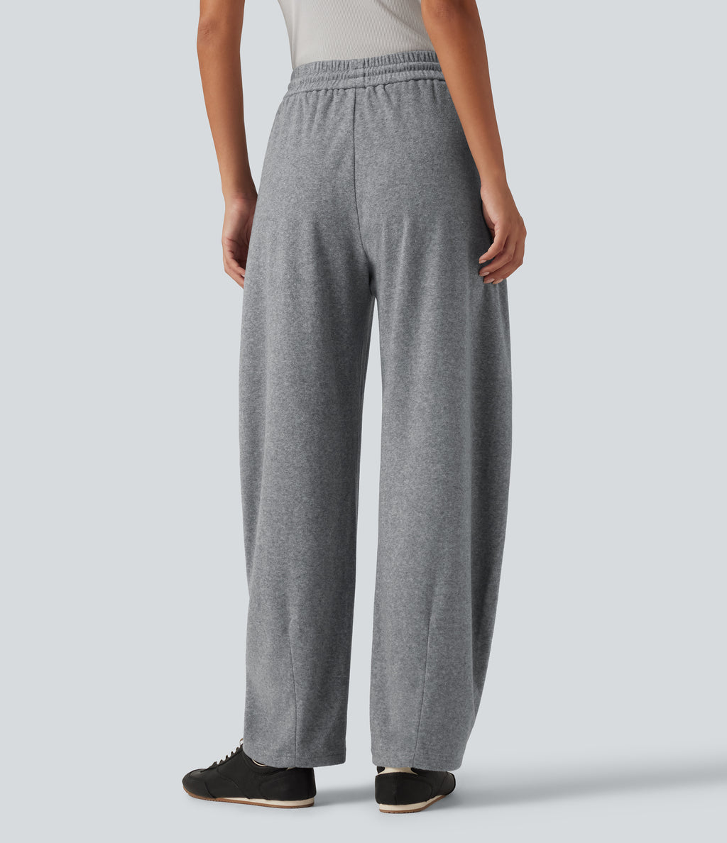 High Waisted Drawstring Barrel Leg Terry Casual Trousers with Pockets — Mottled Grey — view 2