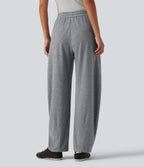 High Waisted Drawstring Barrel Leg Terry Casual Trousers with Pockets — Mottled Grey — view 2