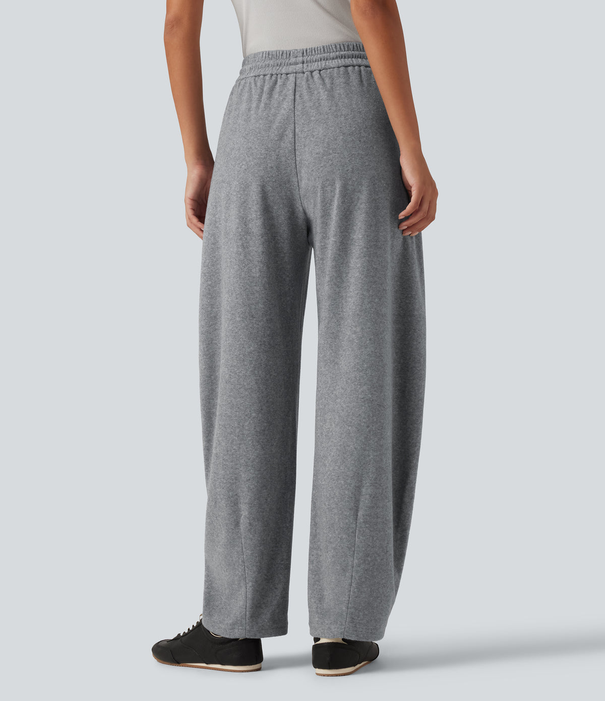 High Waisted Drawstring Barrel Leg Terry Casual Trousers with Pockets — Mottled Grey — view 2