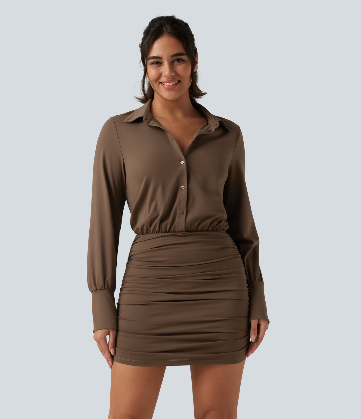 Long Sleeve Ruched Casual Mini Shirt Dress — Chestnut — view 4