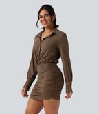 Long Sleeve Ruched Casual Mini Shirt Dress — Chestnut — view 3