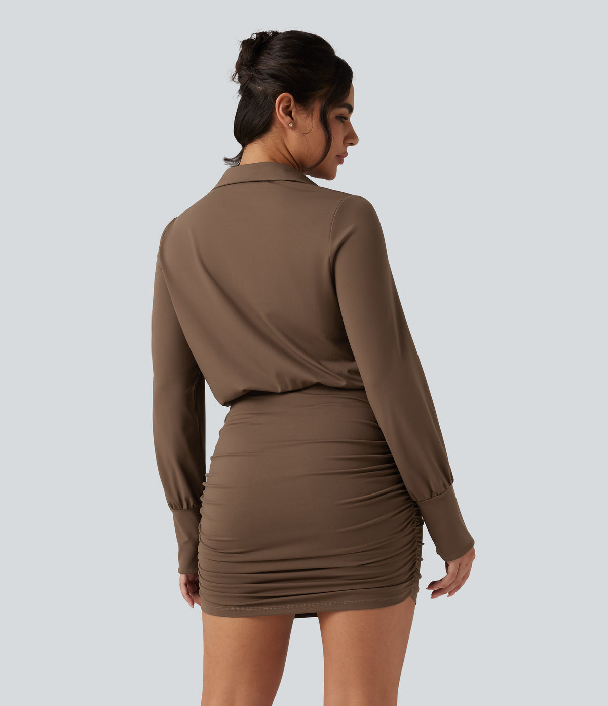 Long Sleeve Ruched Casual Mini Shirt Dress — Chestnut — view 2