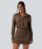 Long Sleeve Ruched Casual Mini Shirt Dress — Chestnut — view 1