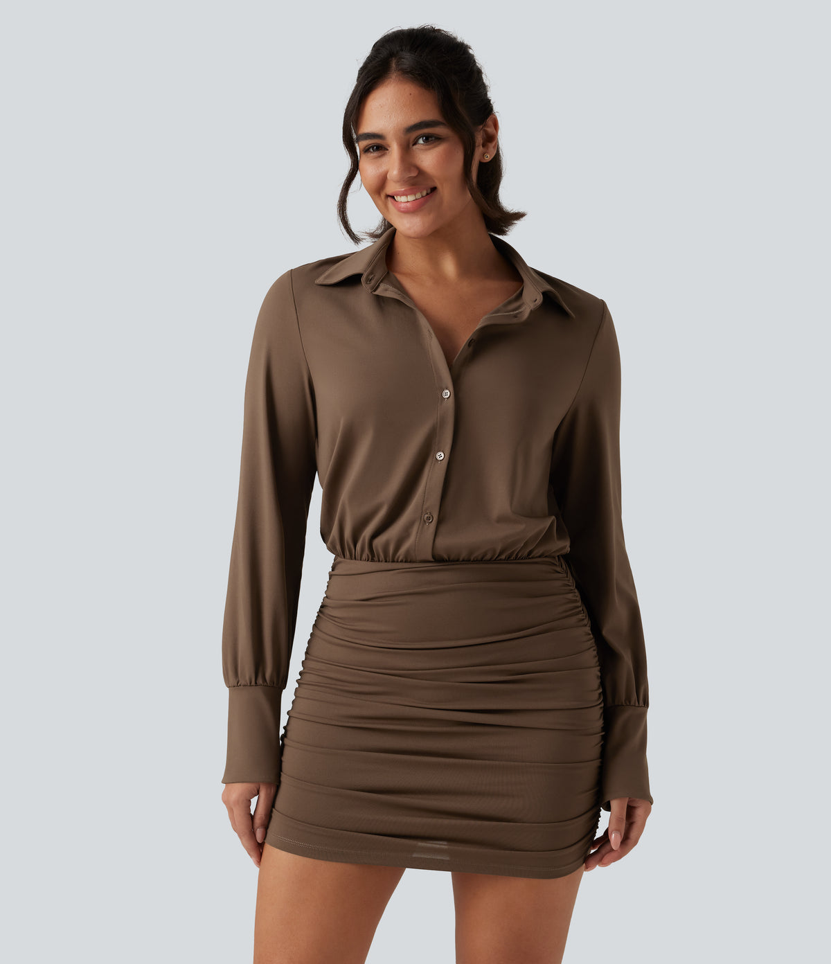 Long Sleeve Ruched Casual Mini Shirt Dress — Chestnut — view 1