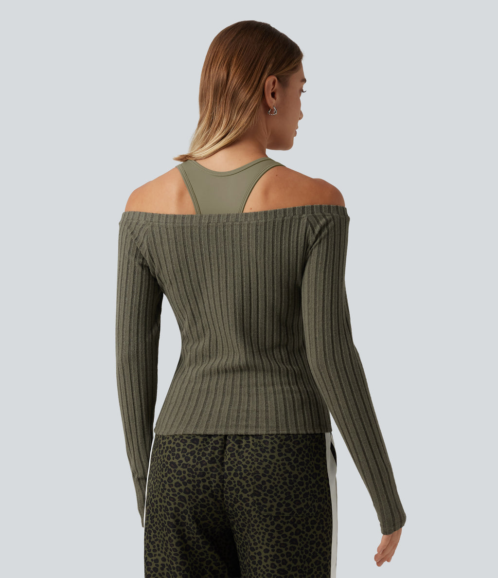 2-Piece Set Off-Shoulder Ribbed Long Sleeve Lounge Top with Built-in Bra — Moss Green Floral Velvet — view 2