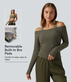 2-Piece Set Off-Shoulder Ribbed Long Sleeve Lounge Top with Built-in Bra — Moss Green Floral Velvet — view 1