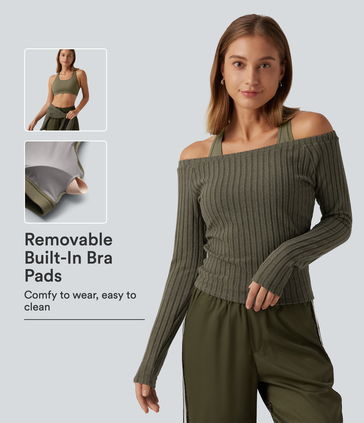 2-Piece Set Off-Shoulder Ribbed Long Sleeve Lounge Top with Built-in Bra — Moss Green Floral Velvet — view 1